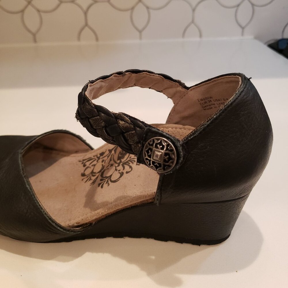 Aetrex Black Leather Braided Strap Mary Jane Wedge Comfort Shoes - Picture 3 of 15